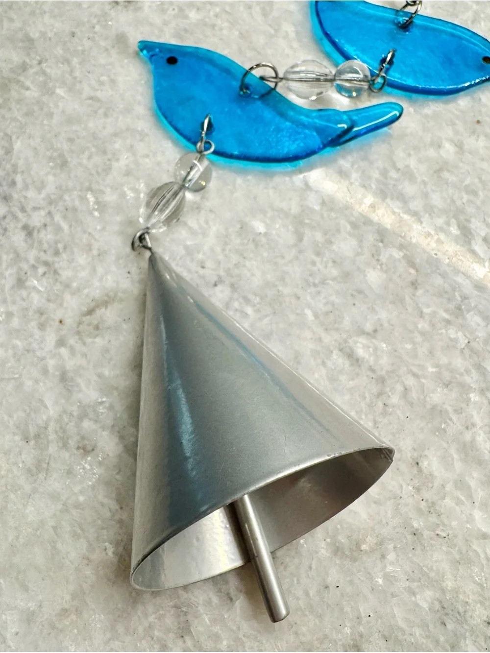 New Blue Glass Birds Suncatcher Wind Chime w/ Beads & Metal Bell - 17”